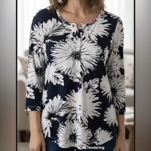 Margaritaville Jimmy Buffett Navy Blue & White Palm Tree Knit Henley Top | Large